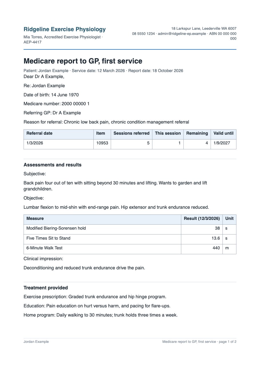 The first page of an epnote report to a GP under Medicare, written for a fictional client