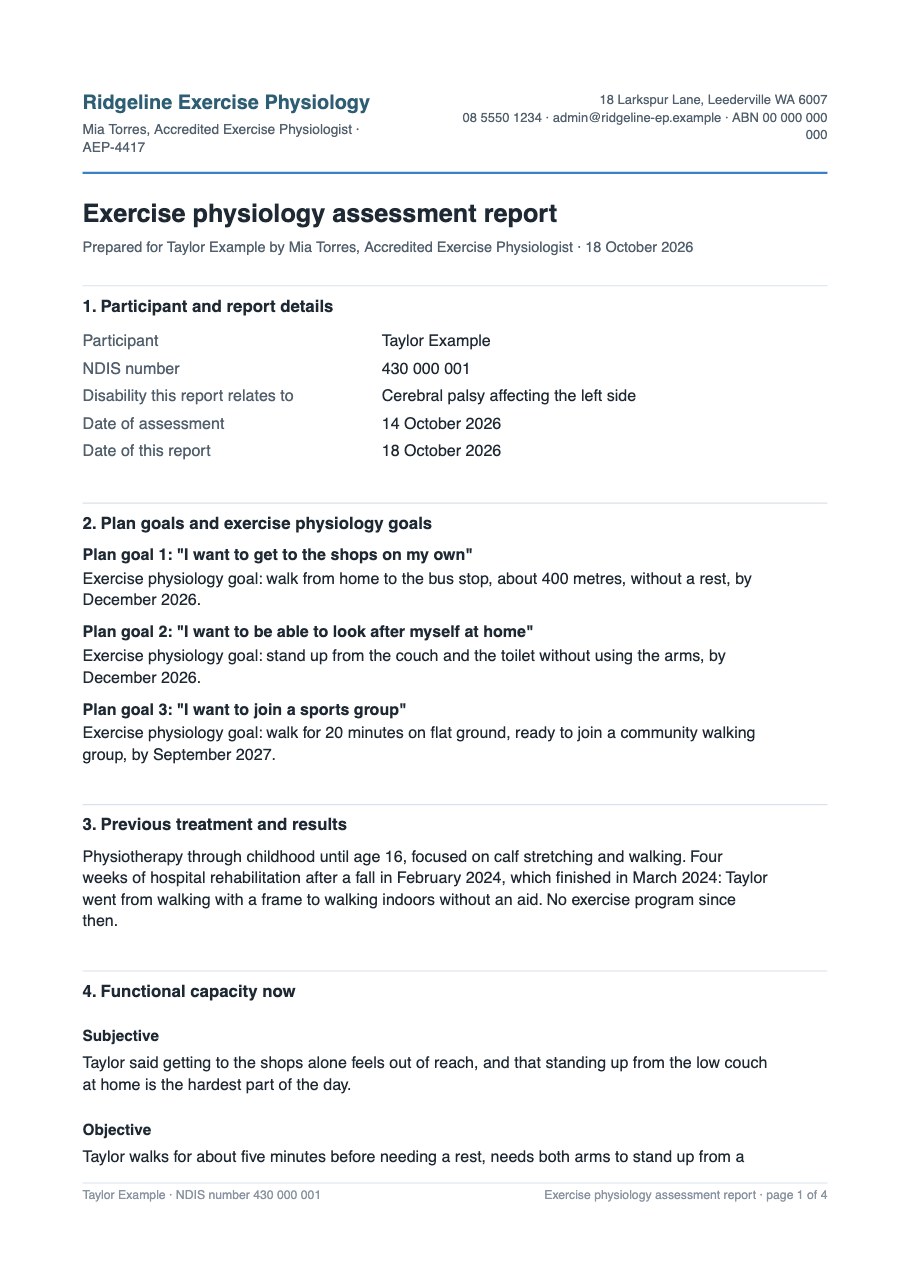 The first page of an epnote NDIS initial assessment report, written for a fictional client