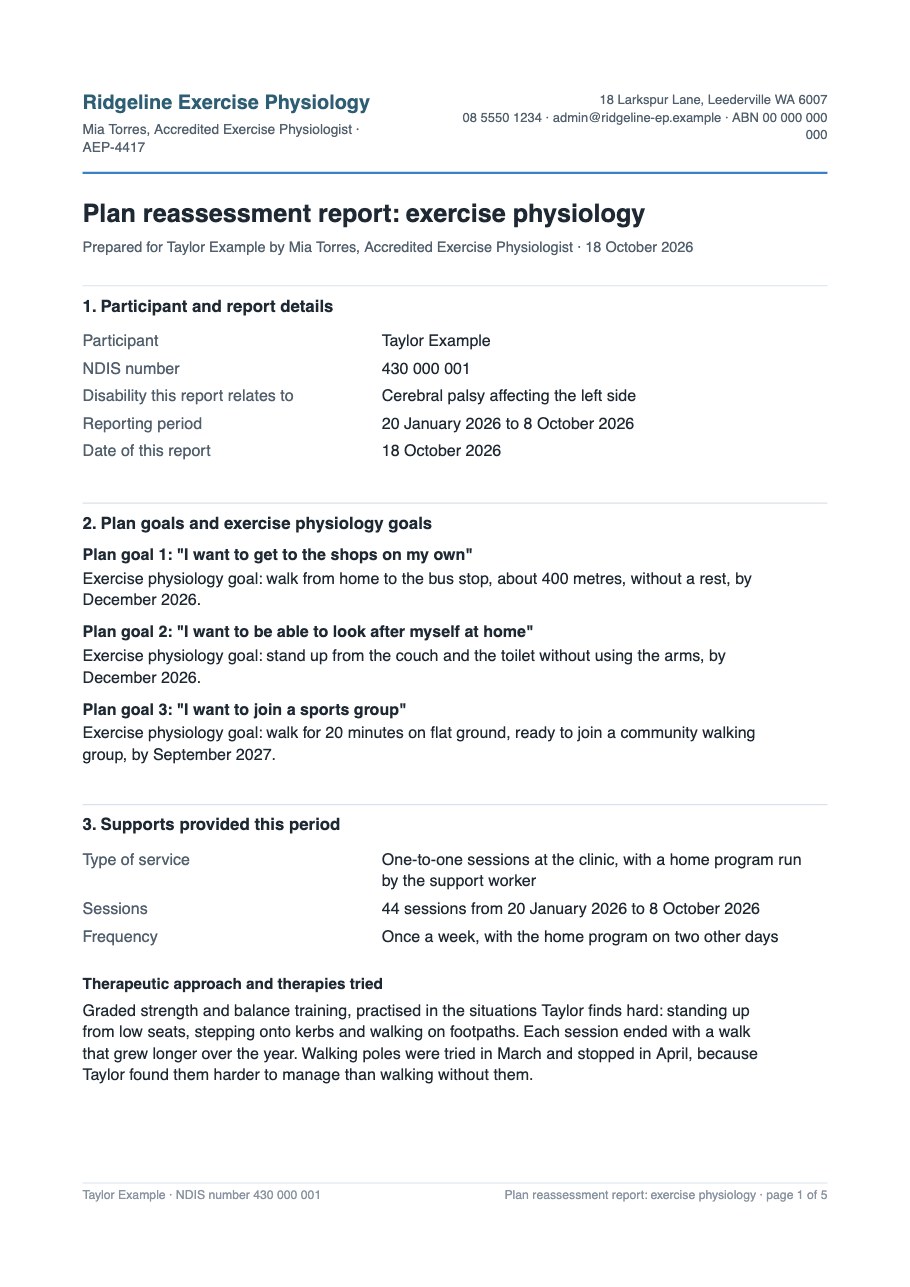 The first page of an epnote NDIS progress report, written for a fictional client